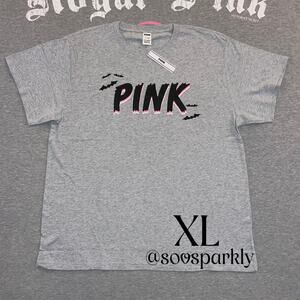 Victorias Secret PINK Heather Gray Halloween Bats Short Sleeve Cotton Campus Tee